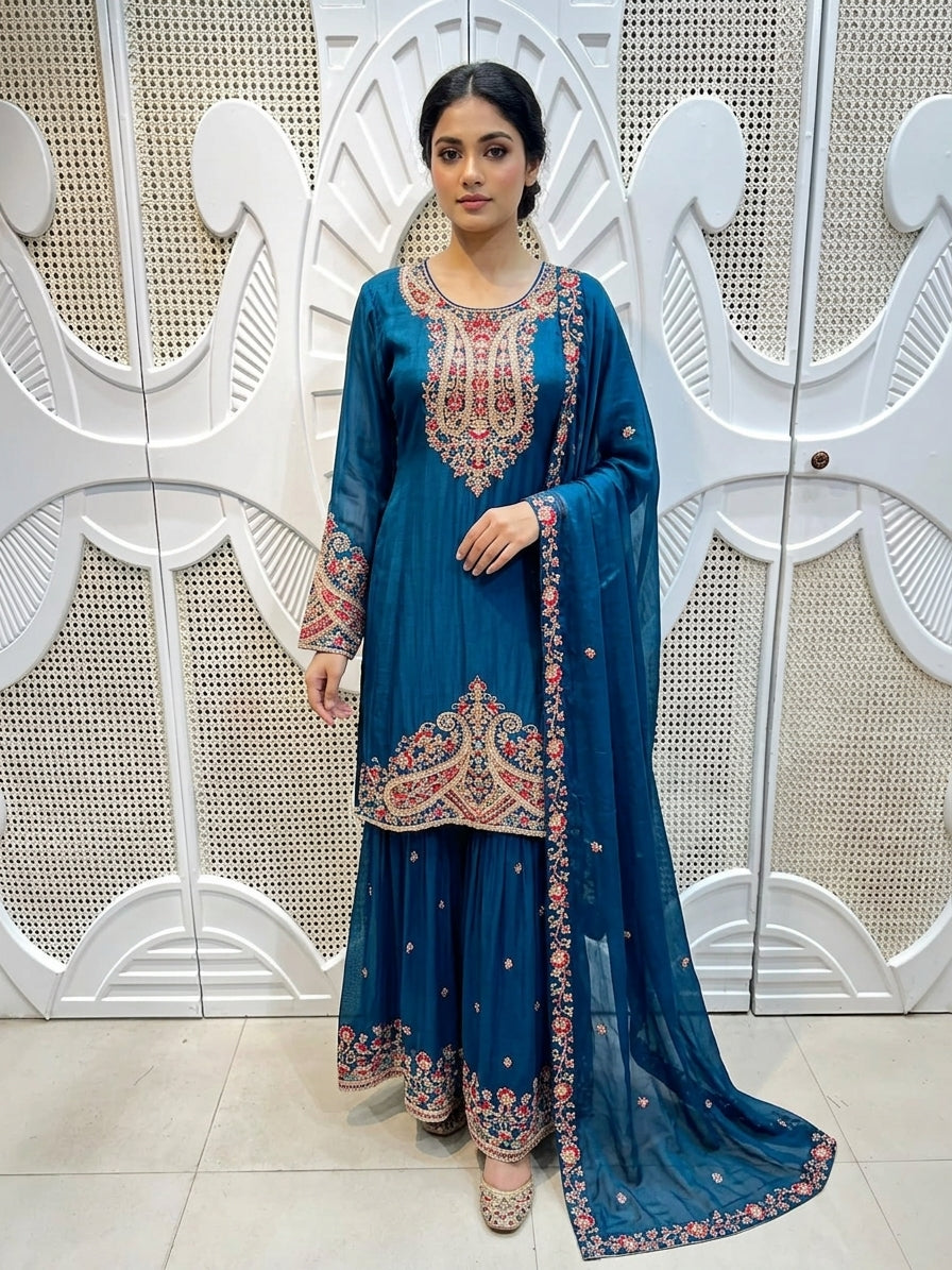 Prussian Blue Royal Paisley Embroidered Silk Sharara Set