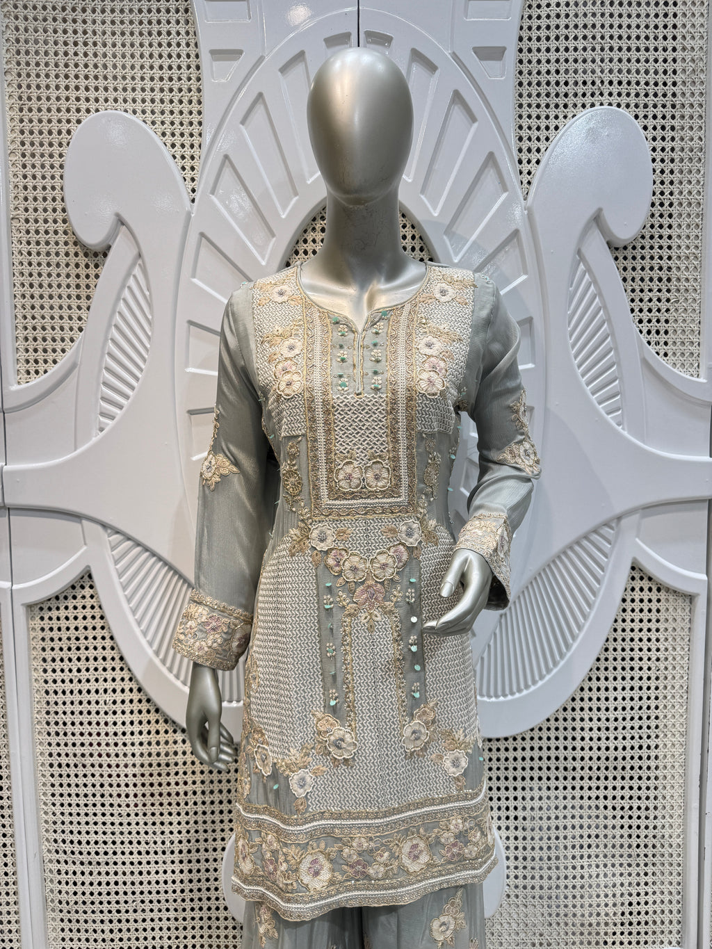Sage Green Geometric Embroidered Silk Sharara Set