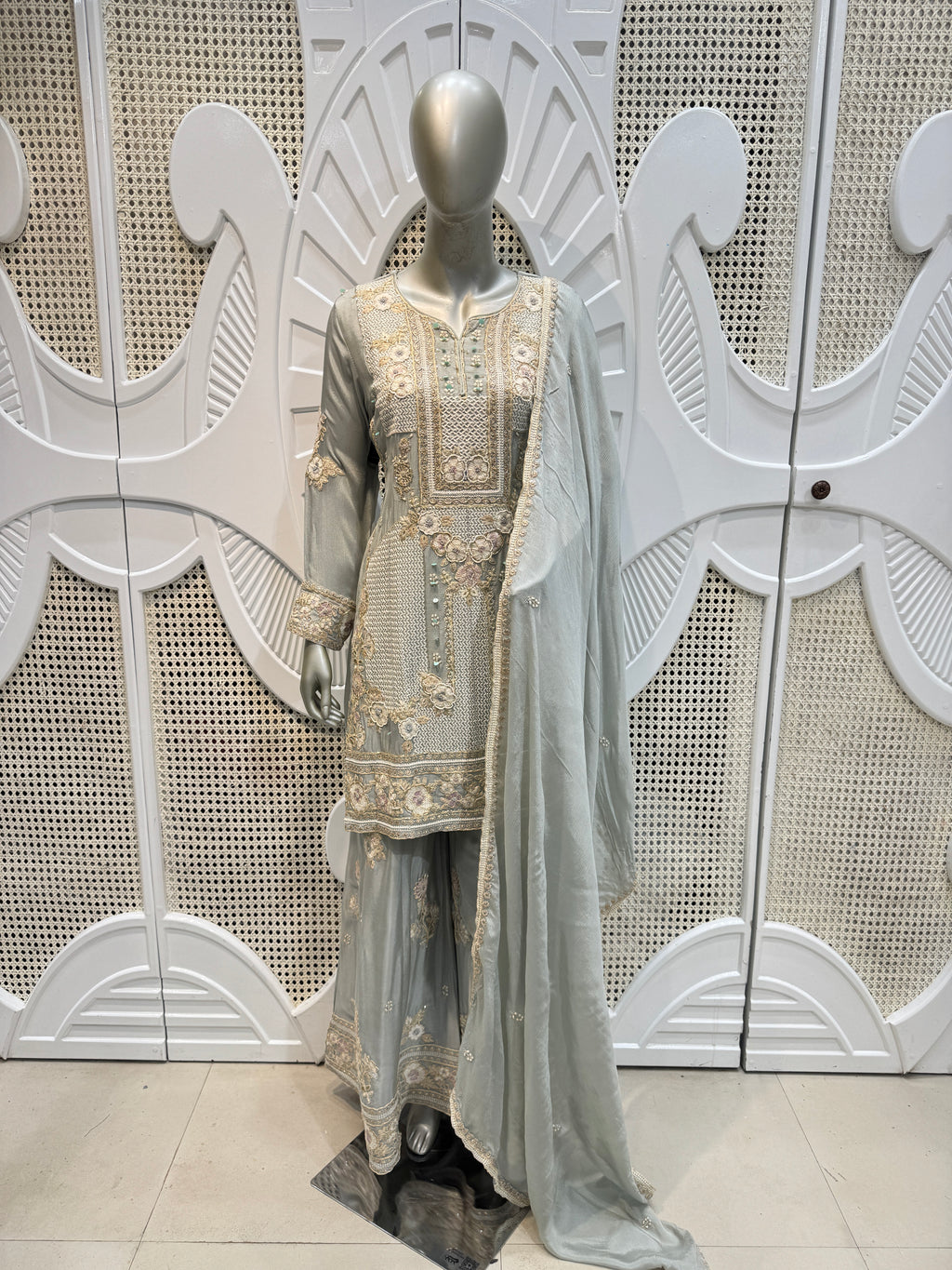 Sage Green Geometric Embroidered Silk Sharara Set