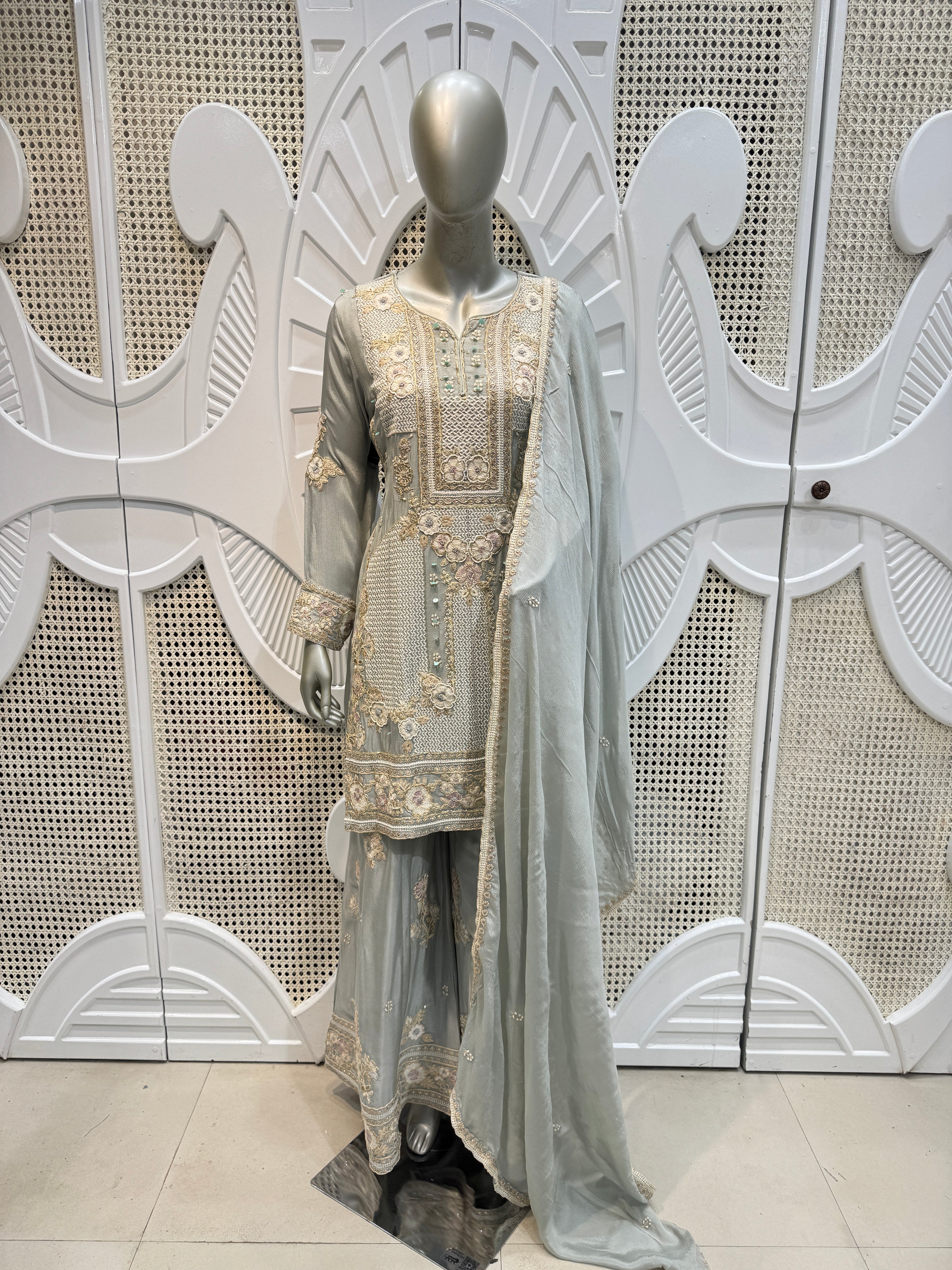 Sage Green Geometric Embroidered Silk Sharara Set