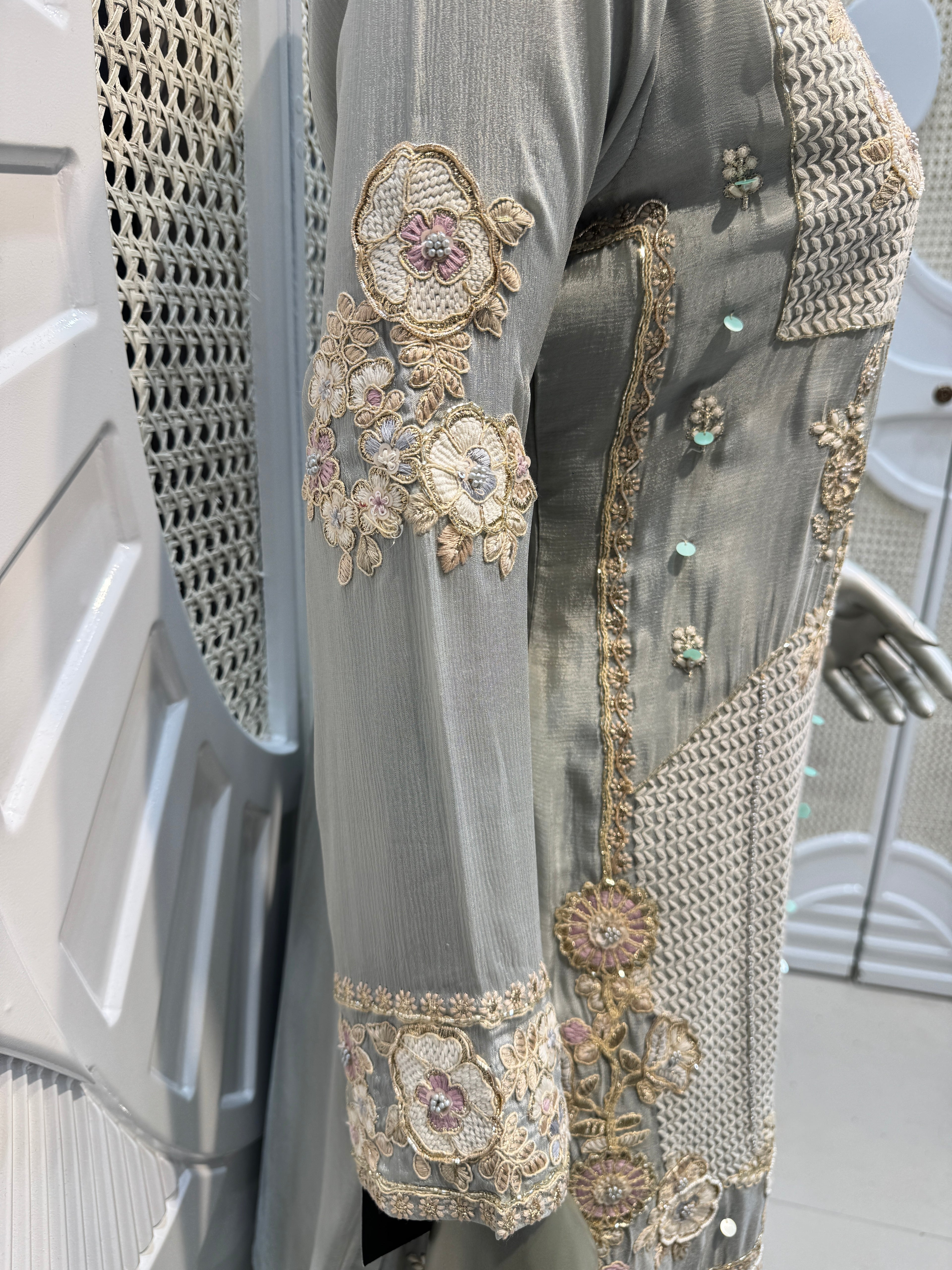 Sage Green Geometric Embroidered Silk Sharara Set