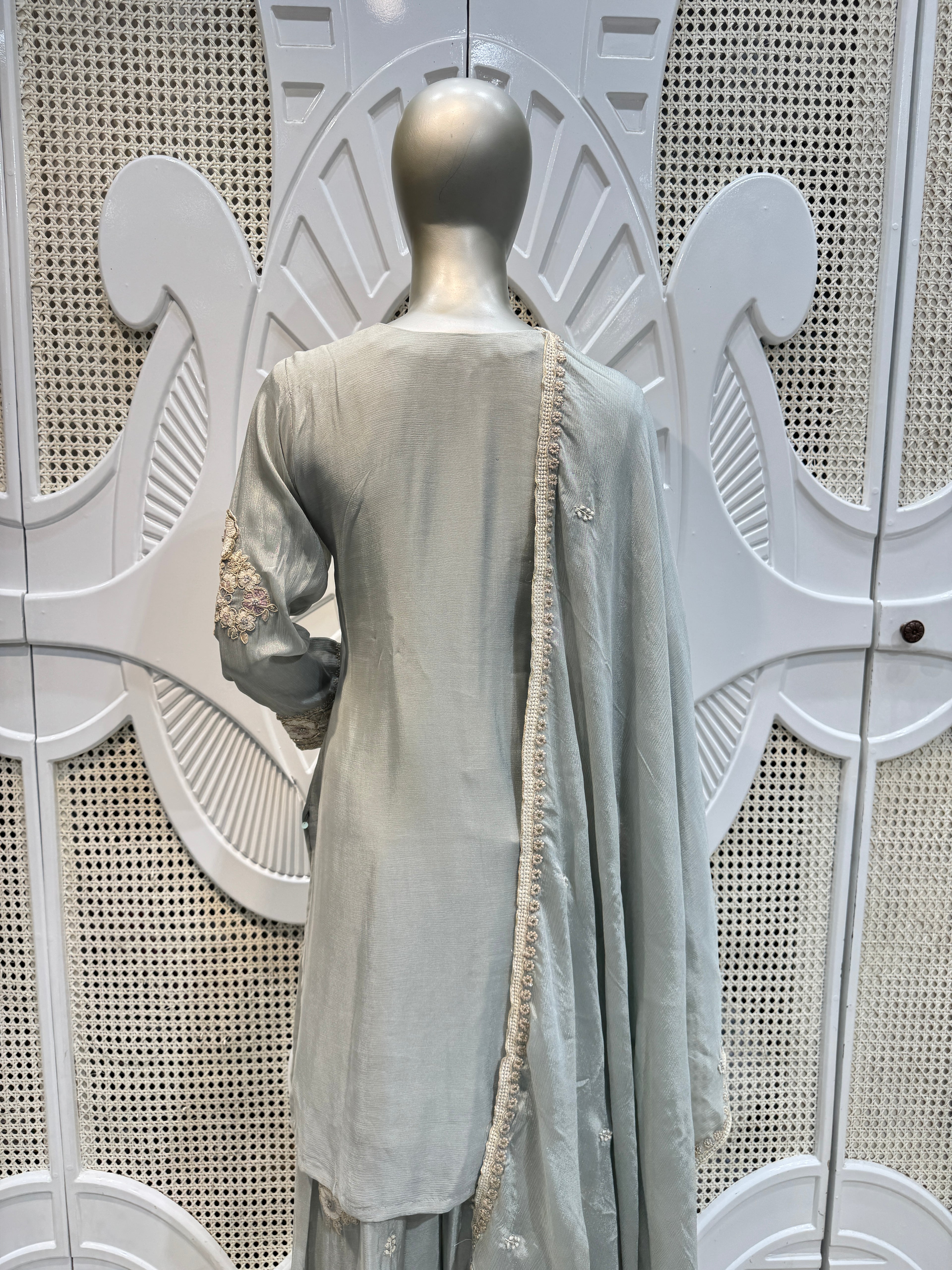 Sage Green Geometric Embroidered Silk Sharara Set