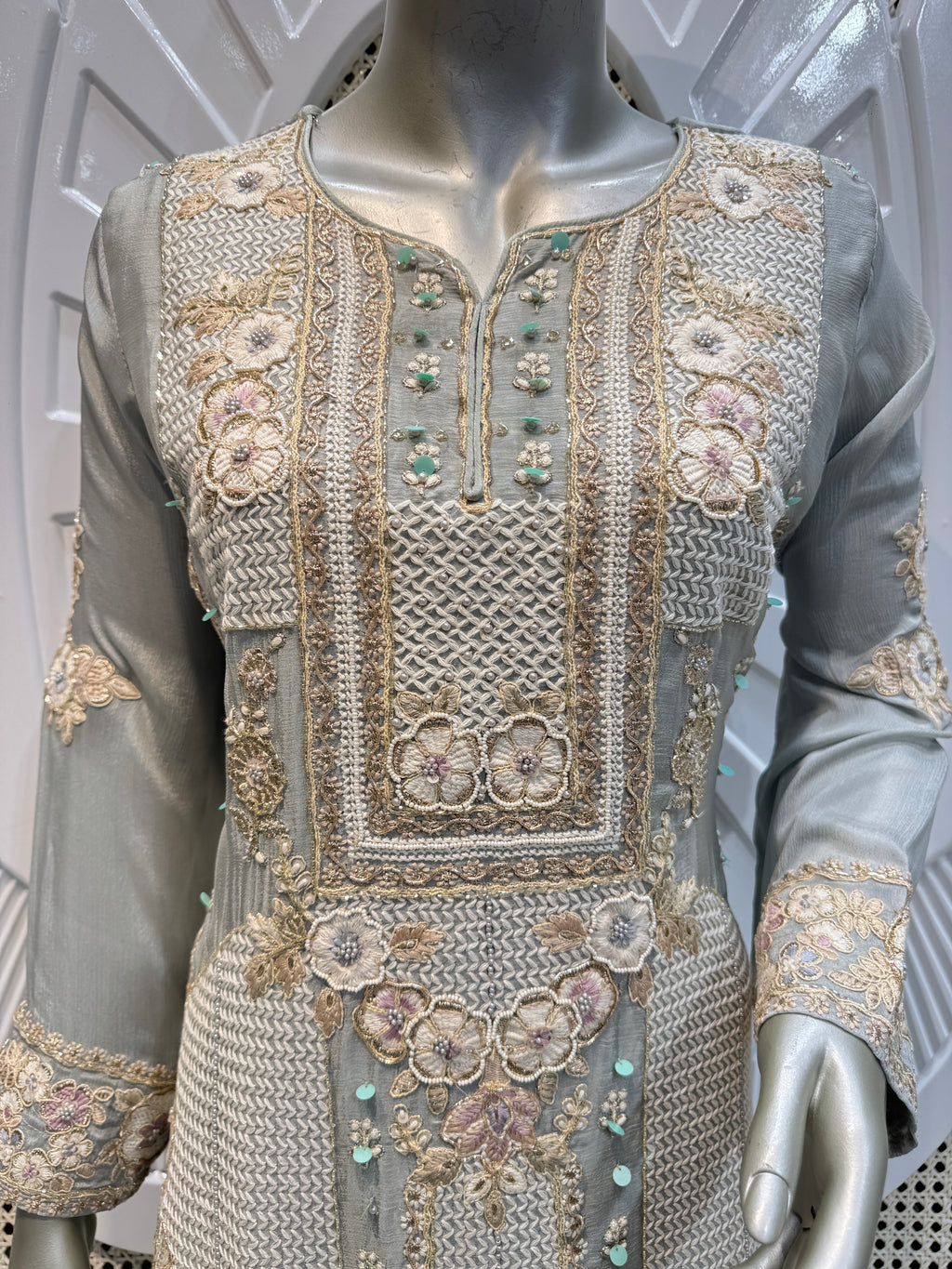 Sage Green Geometric Embroidered Silk Sharara Set