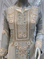 Sage Green Geometric Embroidered Silk Sharara Set