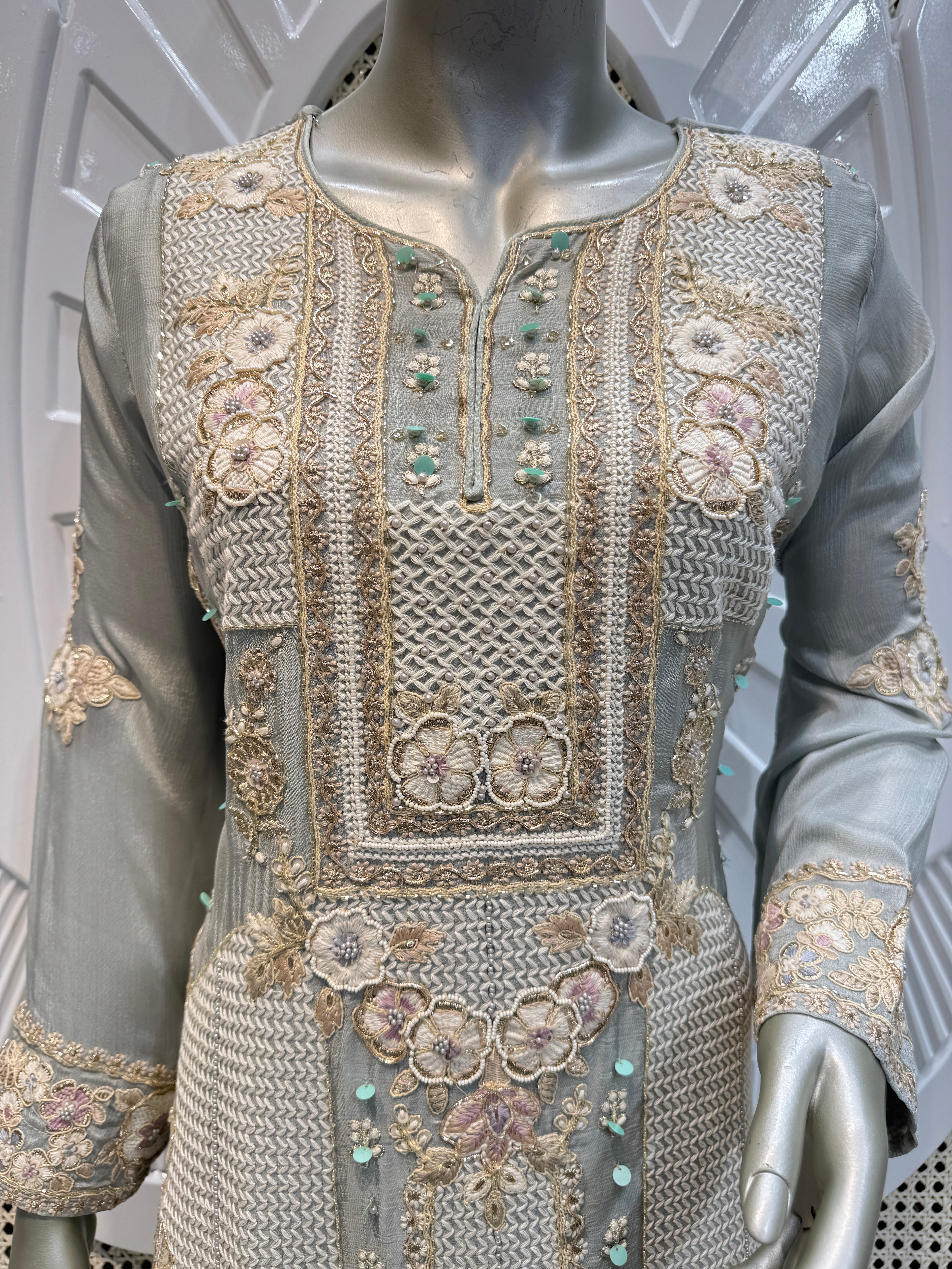 Sage Green Geometric Embroidered Silk Sharara Set