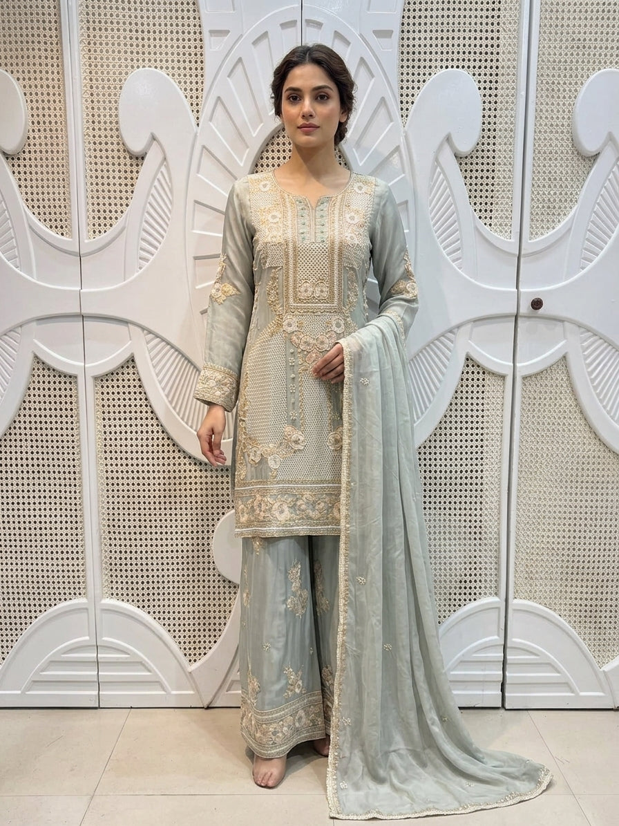 Sage Green Geometric Embroidered Silk Sharara Set