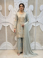 Sage Green Geometric Embroidered Silk Sharara Set