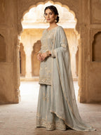 Sage Green Geometric Embroidered Silk Sharara Set
