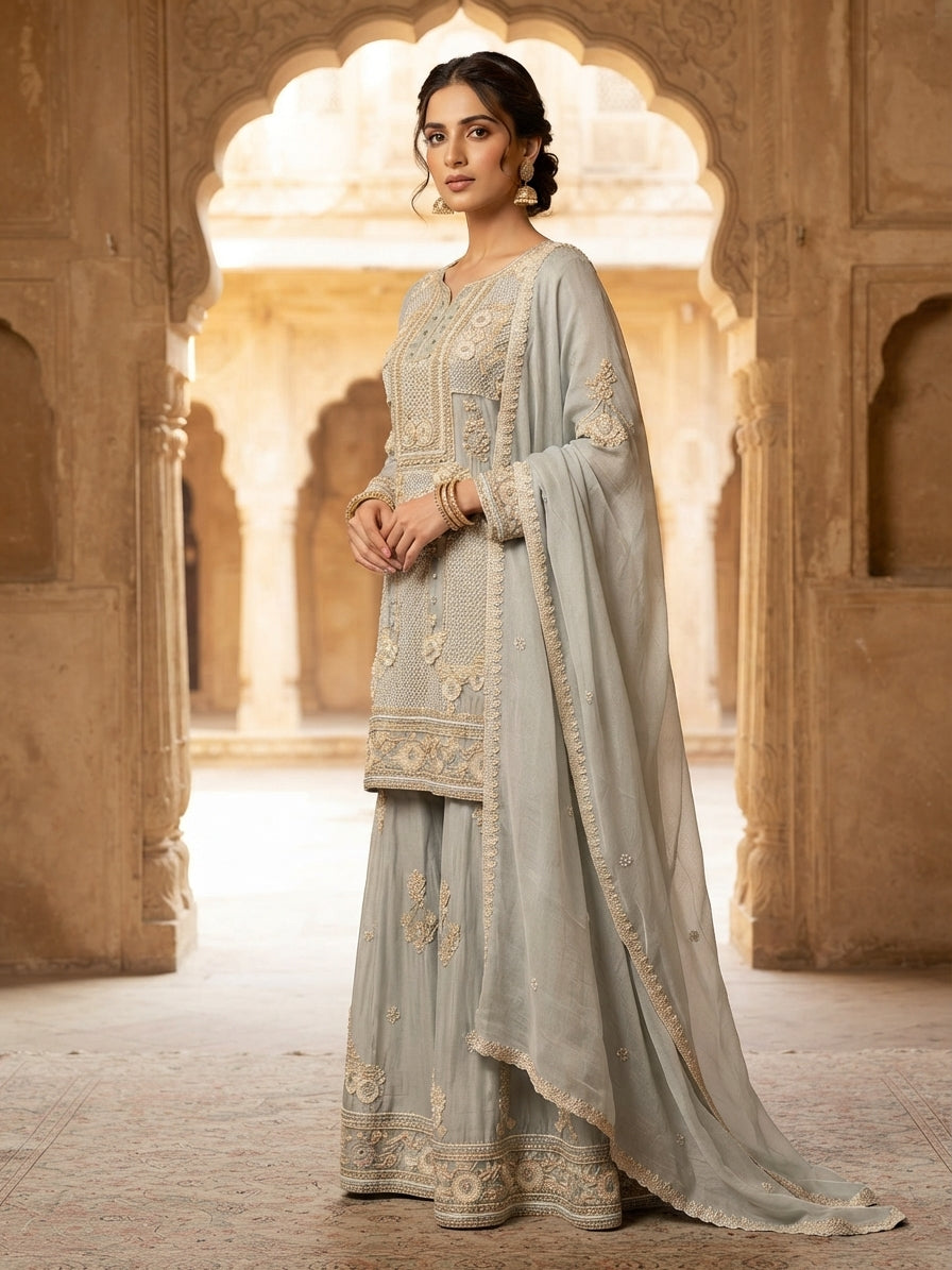 Sage Green Geometric Embroidered Silk Sharara Set