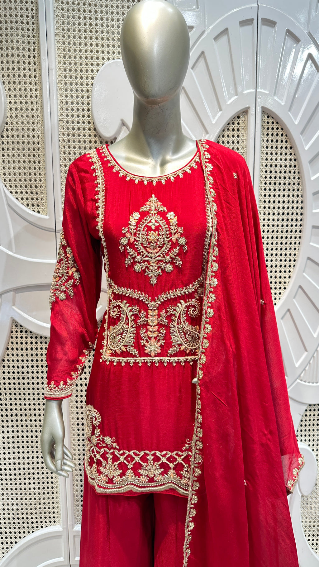 Ruby Red Baroque Embroidered Silk Sharara Set