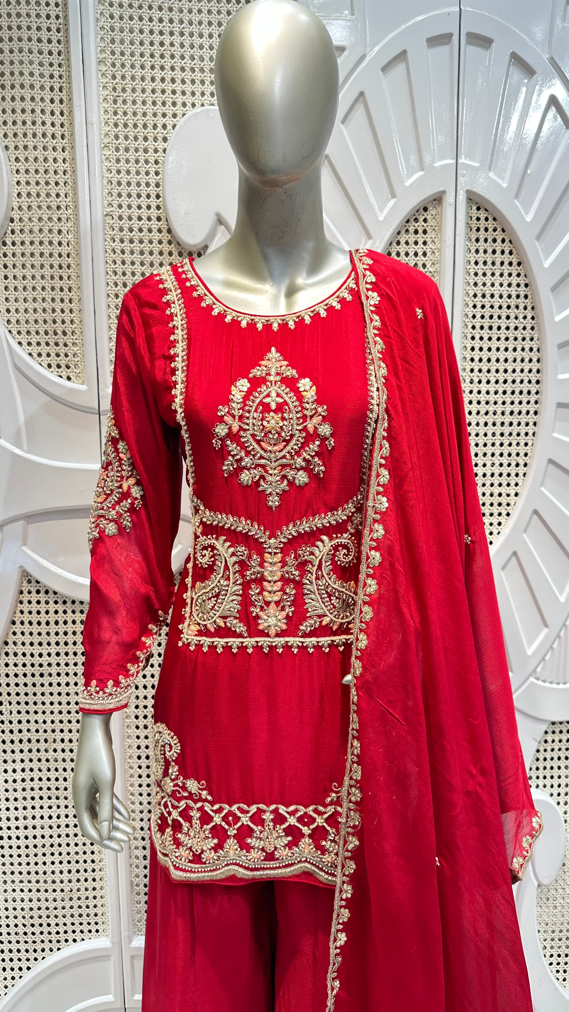 Ruby Red Baroque Embroidered Silk Sharara Set
