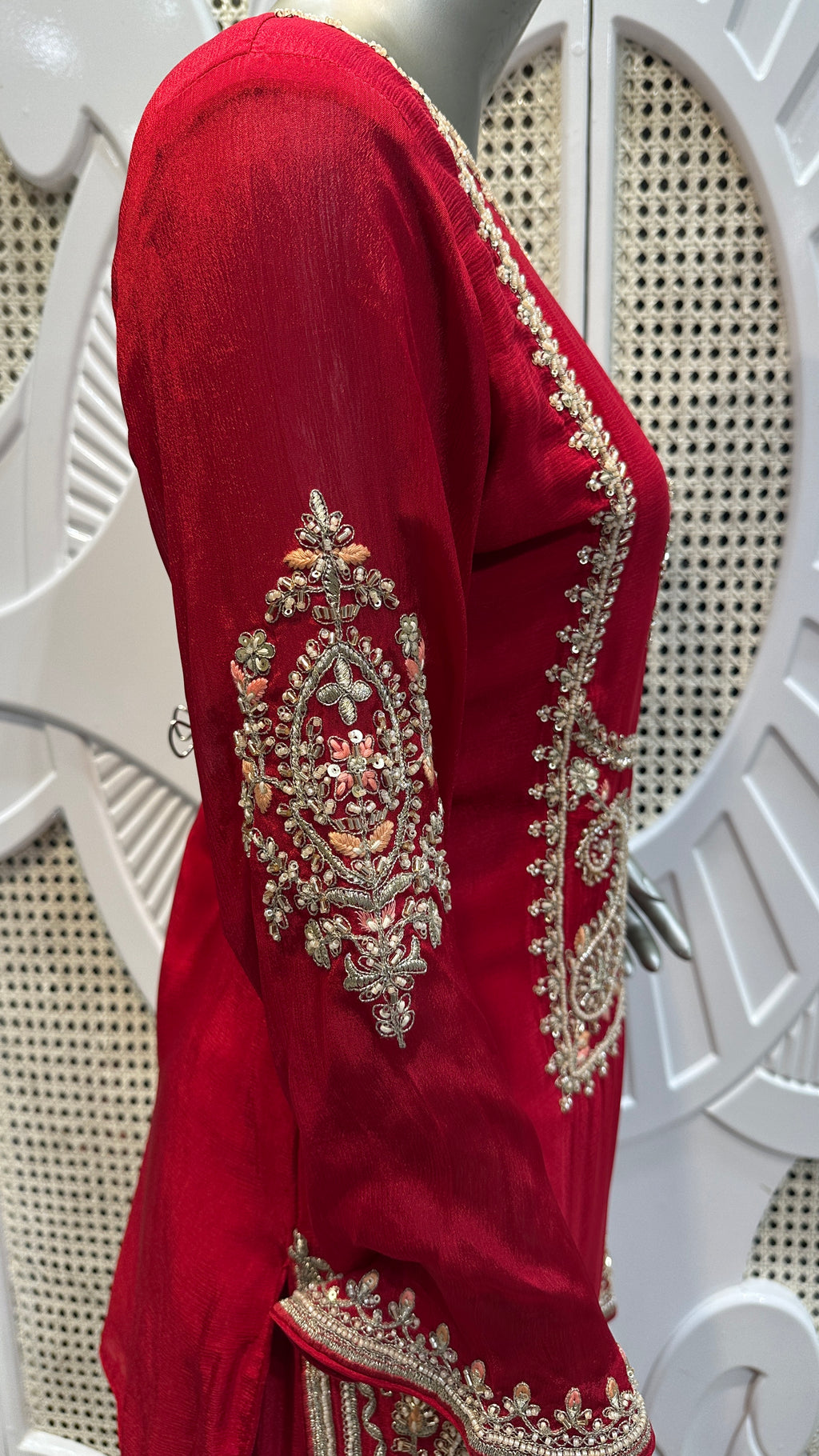Ruby Red Baroque Embroidered Silk Sharara Set