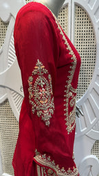 Ruby Red Baroque Embroidered Silk Sharara Set