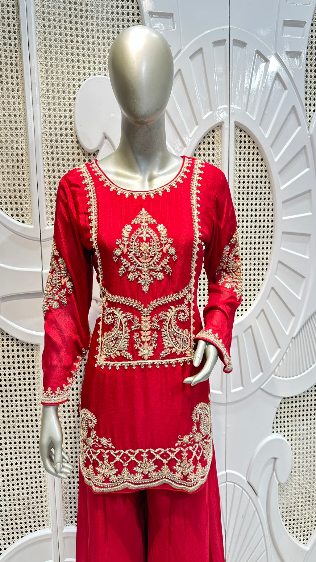 Ruby Red Baroque Embroidered Silk Sharara Set
