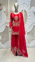 Ruby Red Baroque Embroidered Silk Sharara Set