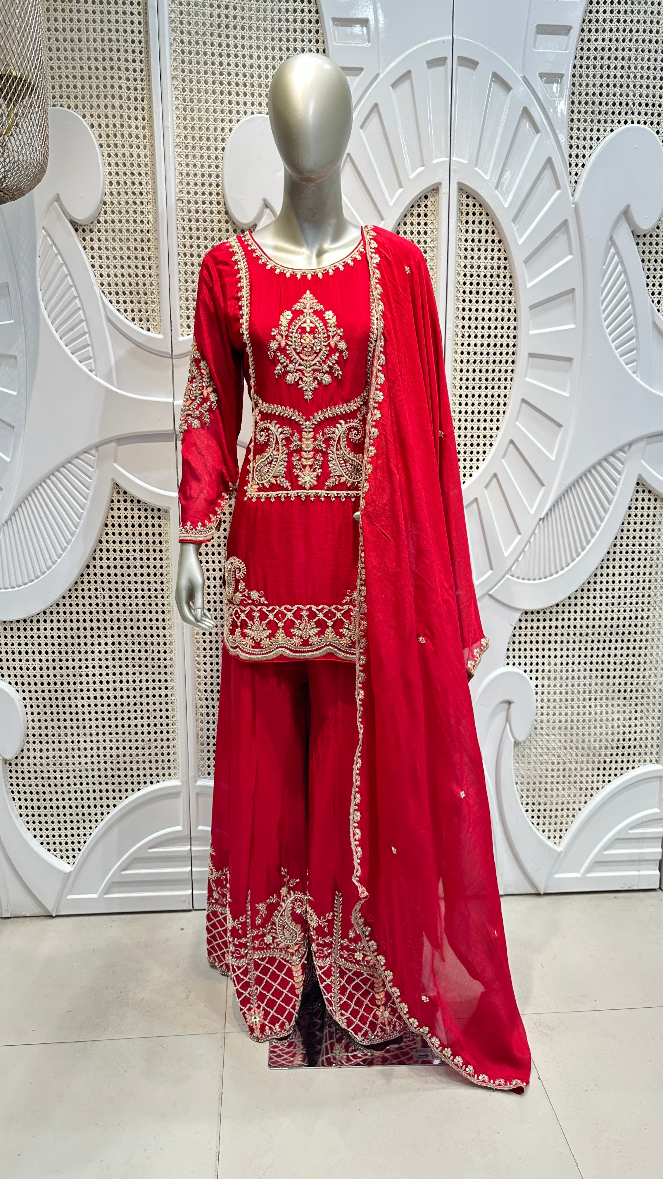 Ruby Red Baroque Embroidered Silk Sharara Set