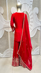 Ruby Red Baroque Embroidered Silk Sharara Set
