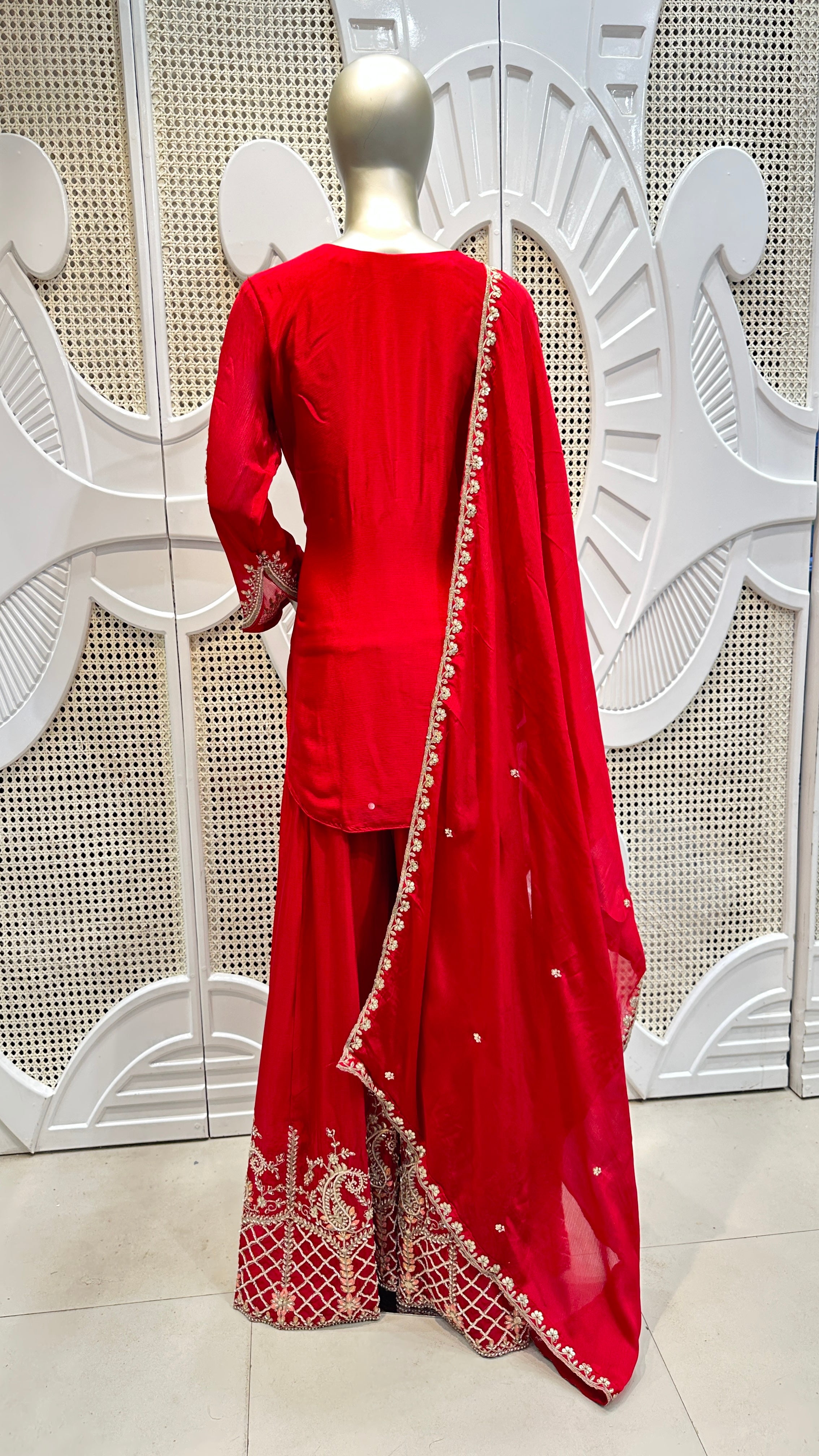 Ruby Red Baroque Embroidered Silk Sharara Set