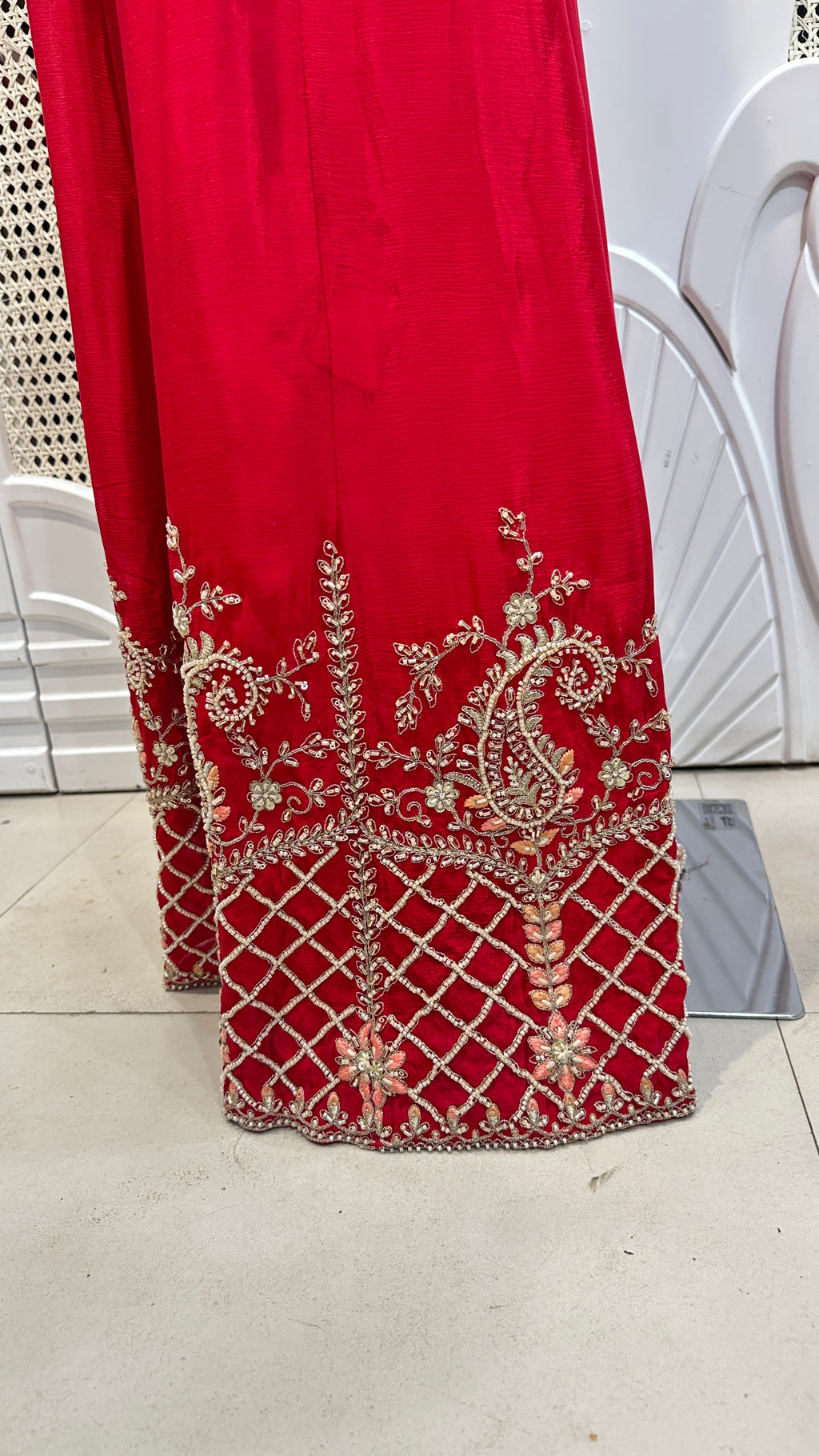 Ruby Red Baroque Embroidered Silk Sharara Set
