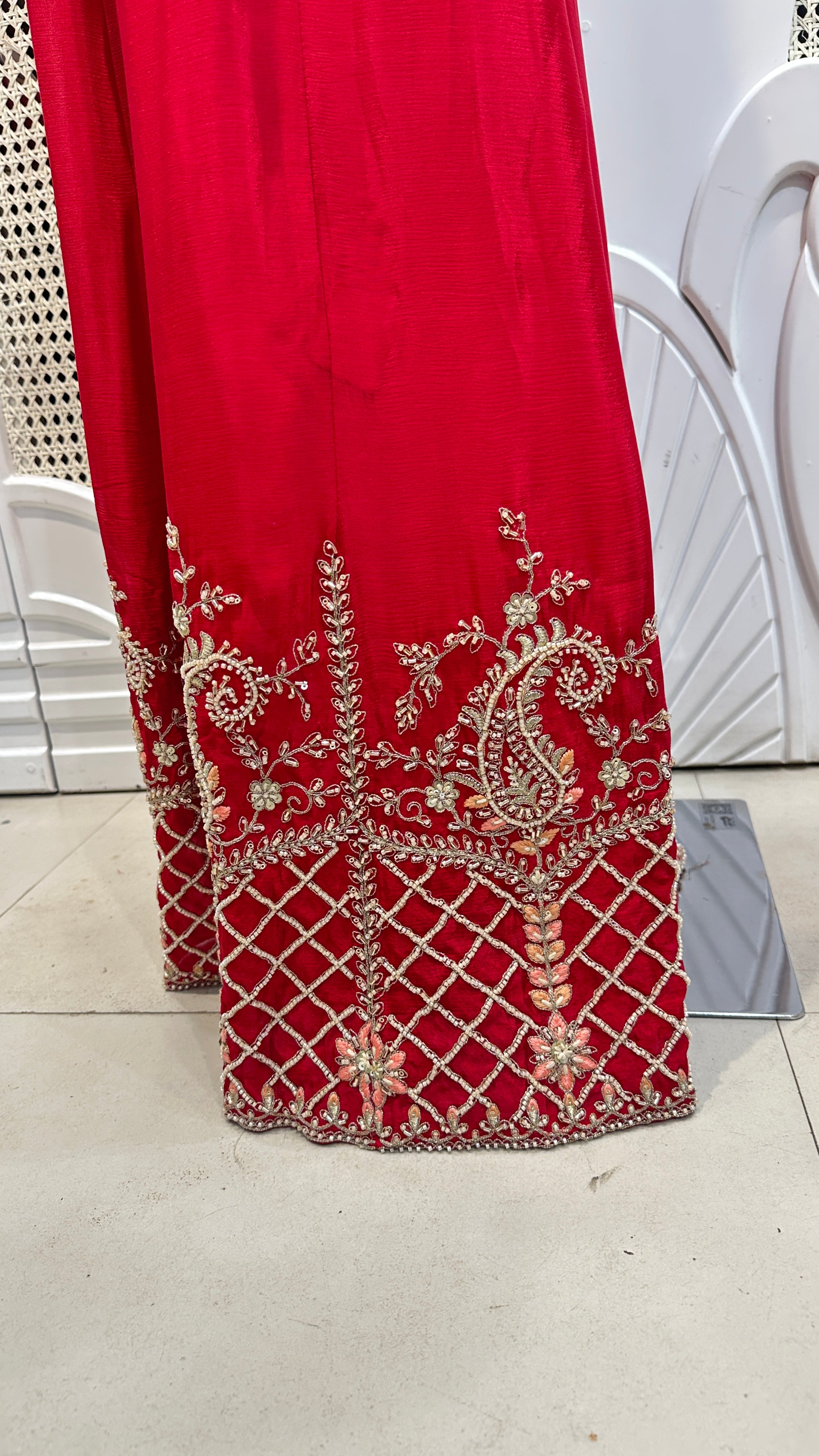 Ruby Red Baroque Embroidered Silk Sharara Set
