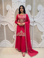Ruby Red Baroque Embroidered Silk Sharara Set