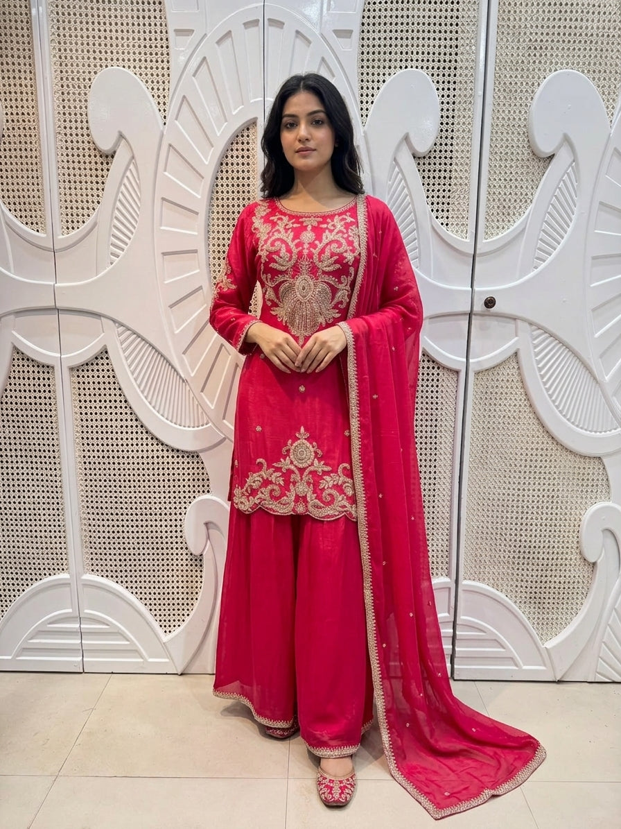 Ruby Red Baroque Embroidered Silk Sharara Set