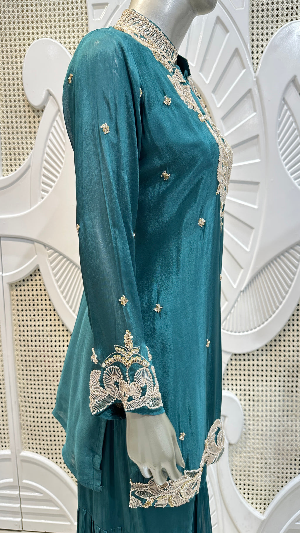 Deep Teal Scalloped Embroidered Silk Mandarin Collar Sharara Set