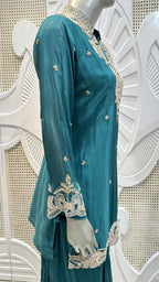 Deep Teal Scalloped Embroidered Silk Mandarin Collar Sharara Set