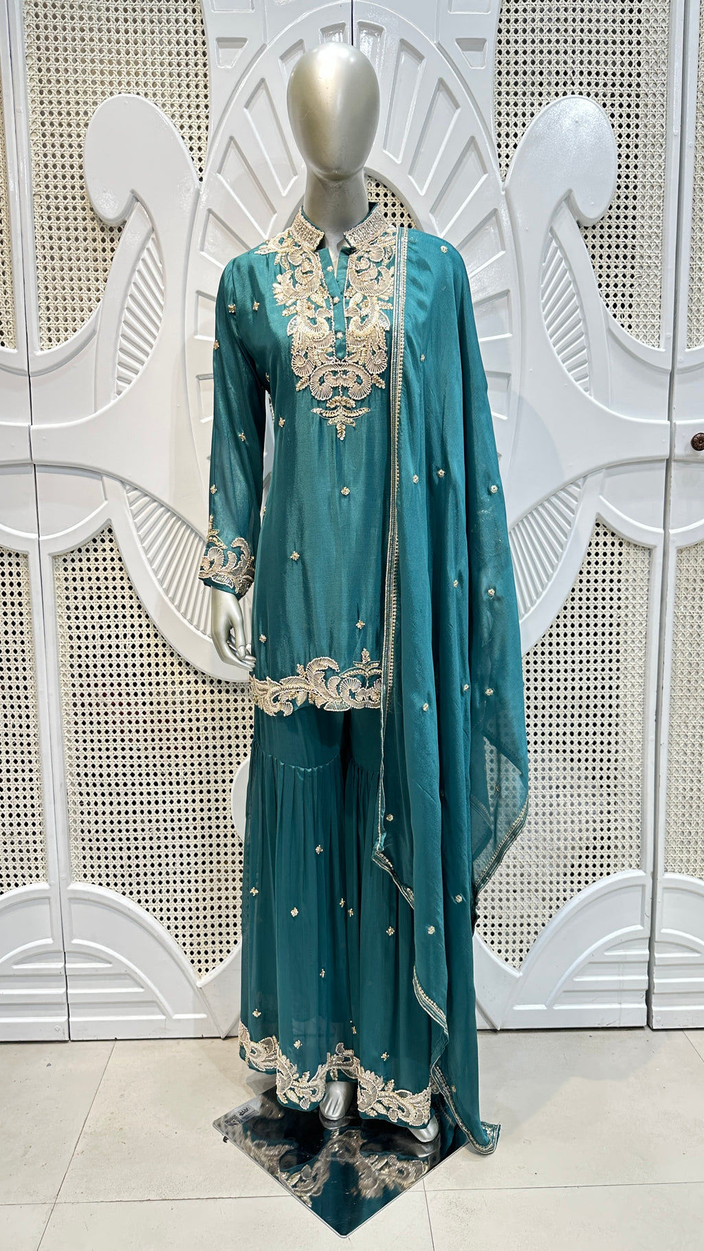 Deep Teal Scalloped Embroidered Silk Mandarin Collar Sharara Set