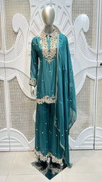 Deep Teal Scalloped Embroidered Silk Mandarin Collar Sharara Set