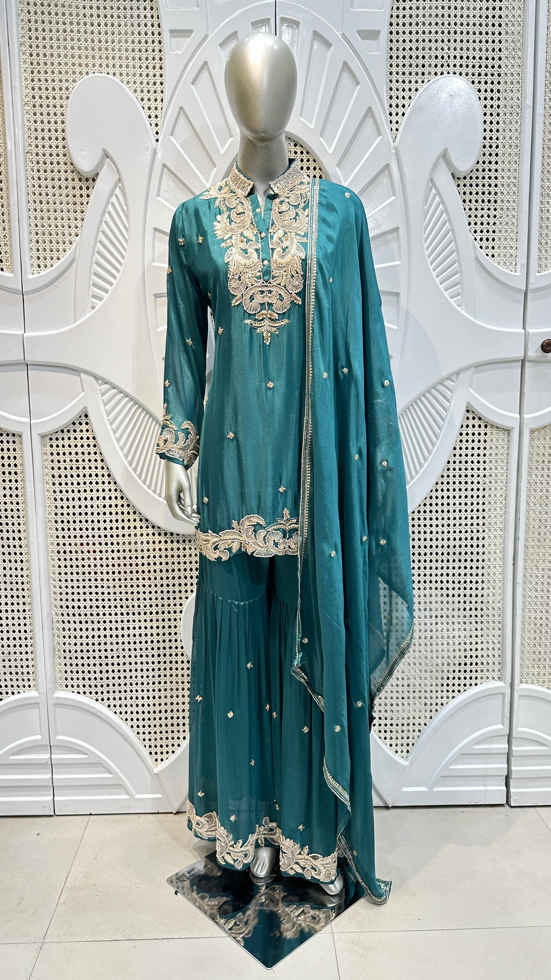 Deep Teal Scalloped Embroidered Silk Mandarin Collar Sharara Set