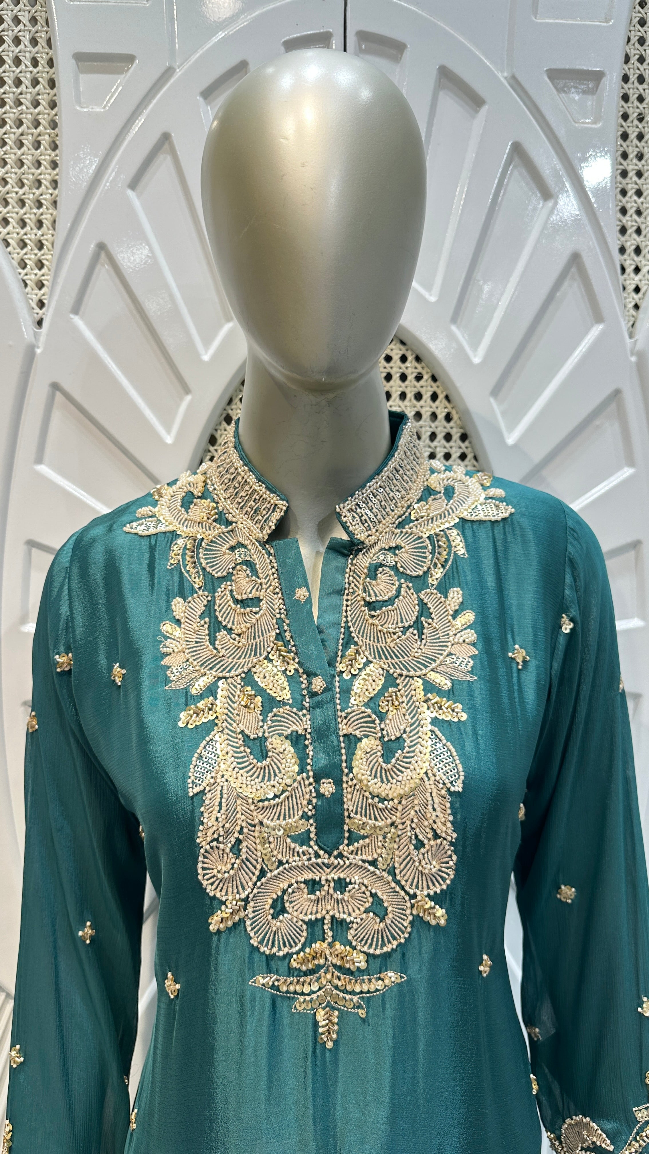 Deep Teal Scalloped Embroidered Silk Mandarin Collar Sharara Set