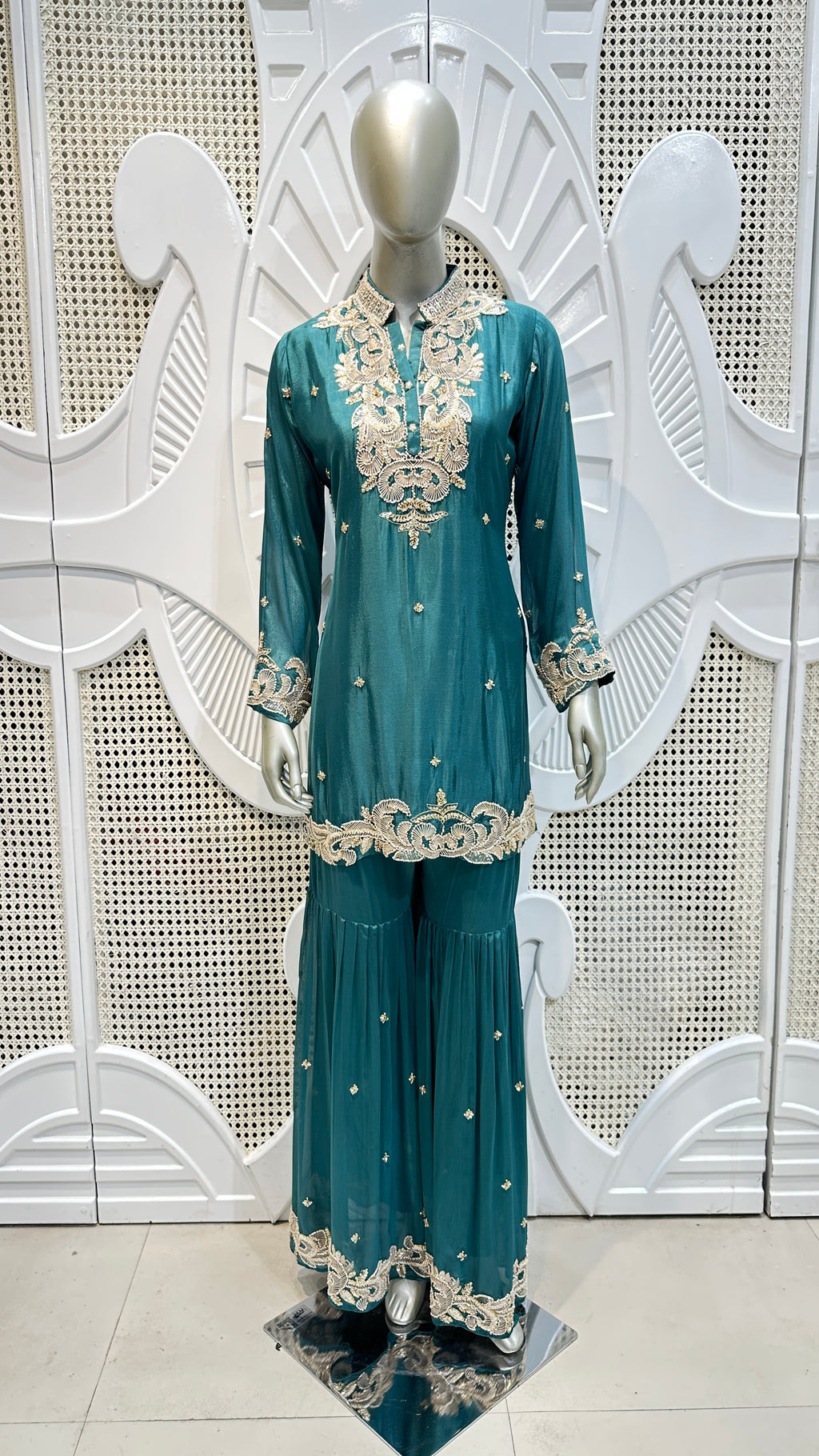 Deep Teal Scalloped Embroidered Silk Mandarin Collar Sharara Set