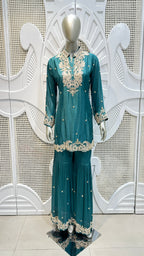 Deep Teal Scalloped Embroidered Silk Mandarin Collar Sharara Set