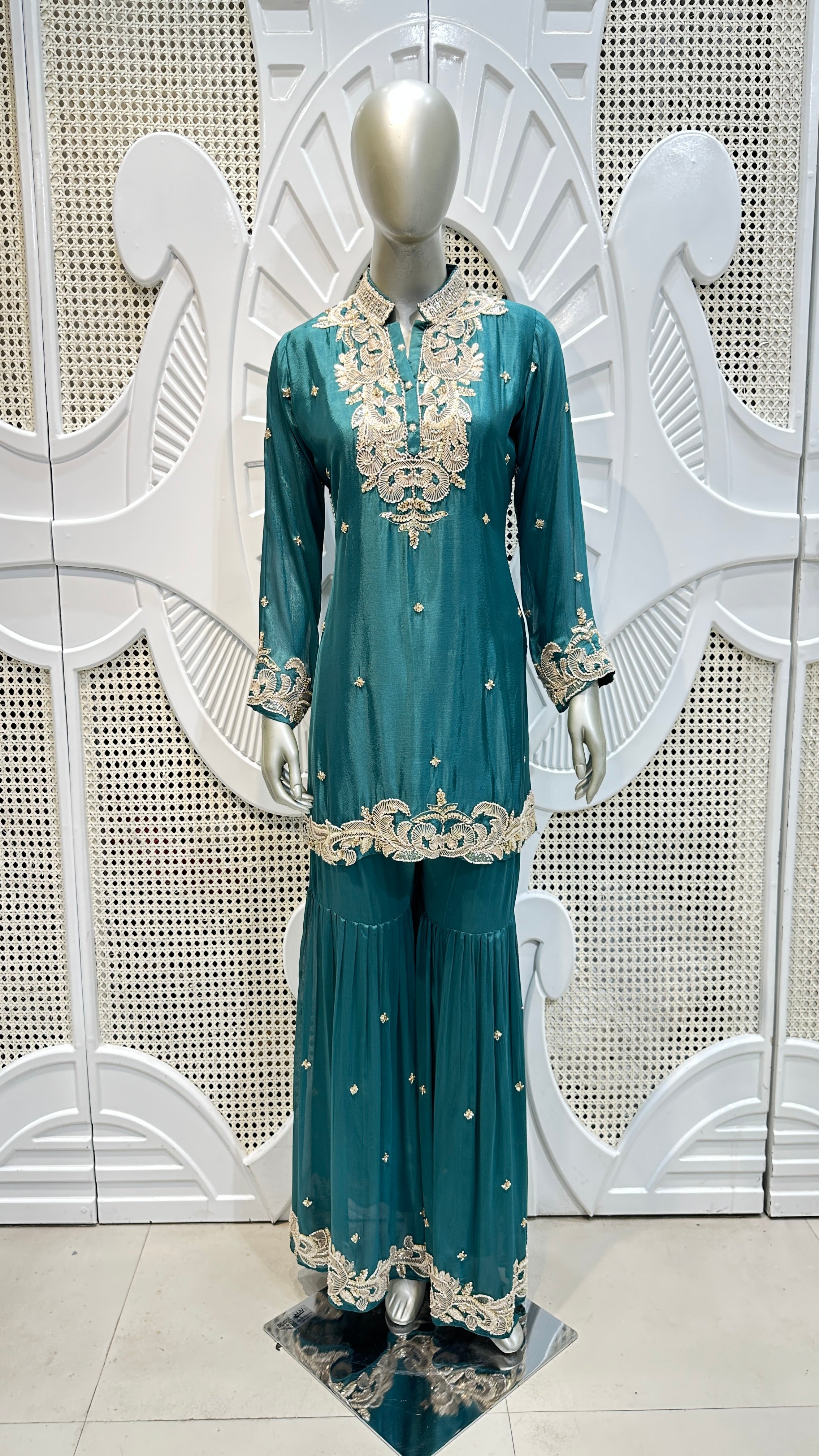 Deep Teal Scalloped Embroidered Silk Mandarin Collar Sharara Set