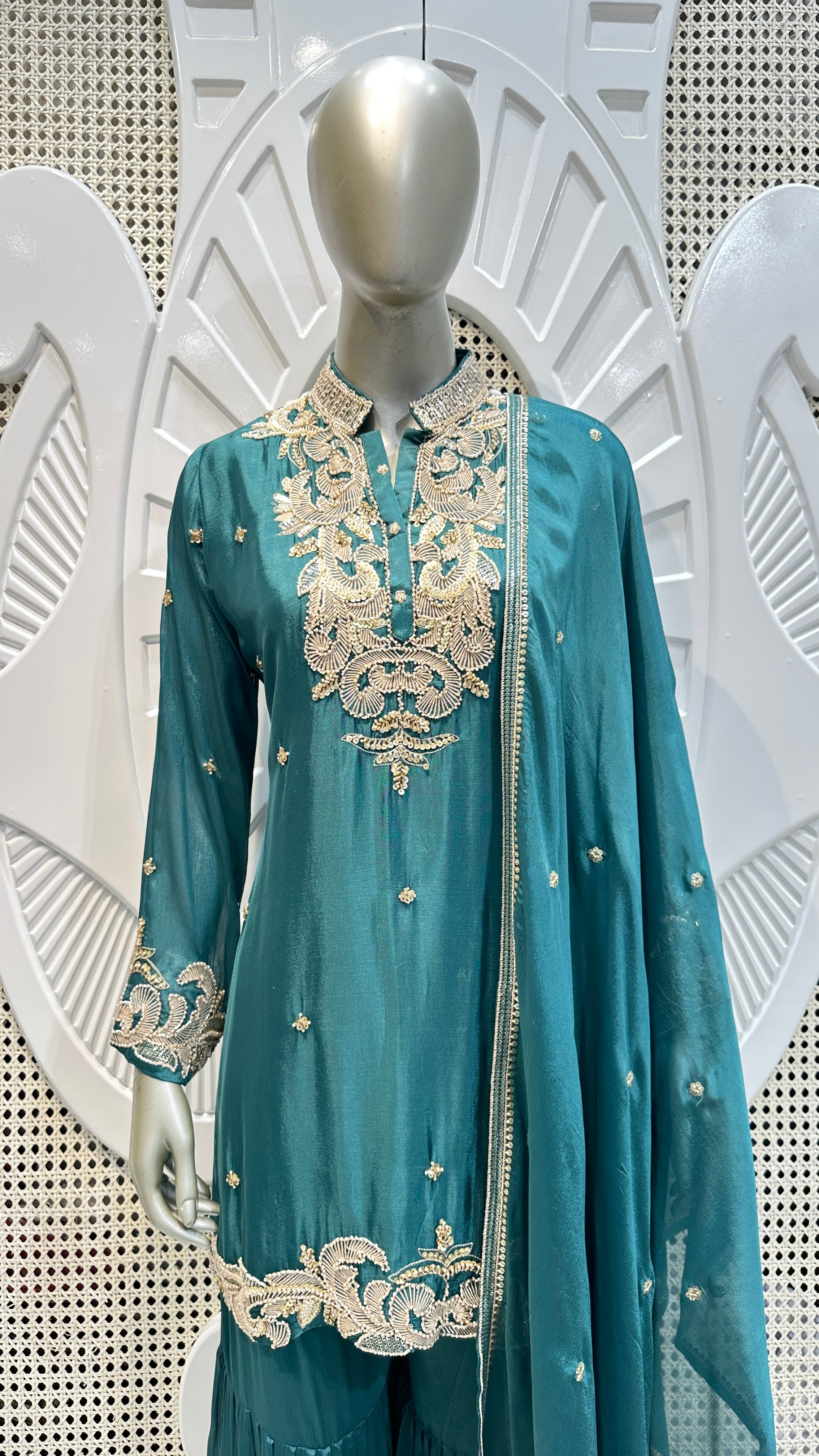 Deep Teal Scalloped Embroidered Silk Mandarin Collar Sharara Set