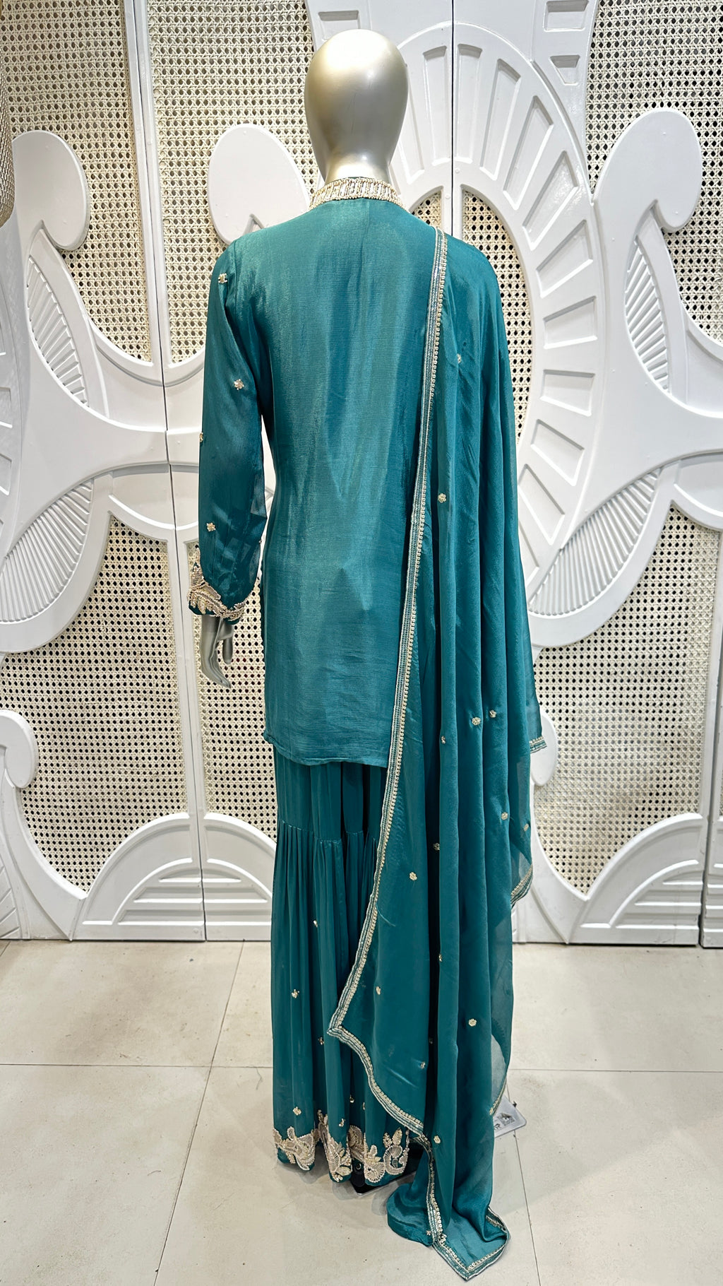 Deep Teal Scalloped Embroidered Silk Mandarin Collar Sharara Set