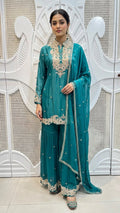 Deep Teal Scalloped Embroidered Silk Mandarin Collar Sharara Set