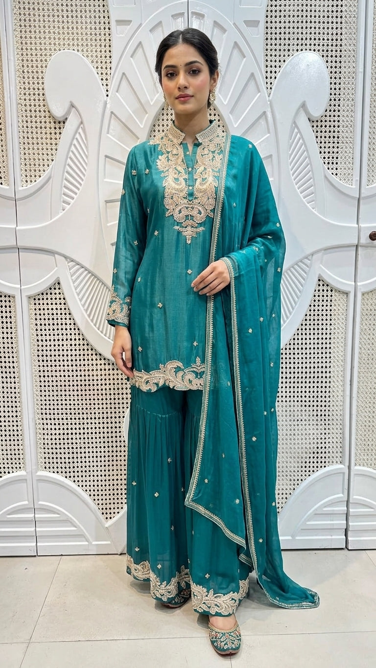 Deep Teal Scalloped Embroidered Silk Mandarin Collar Sharara Set