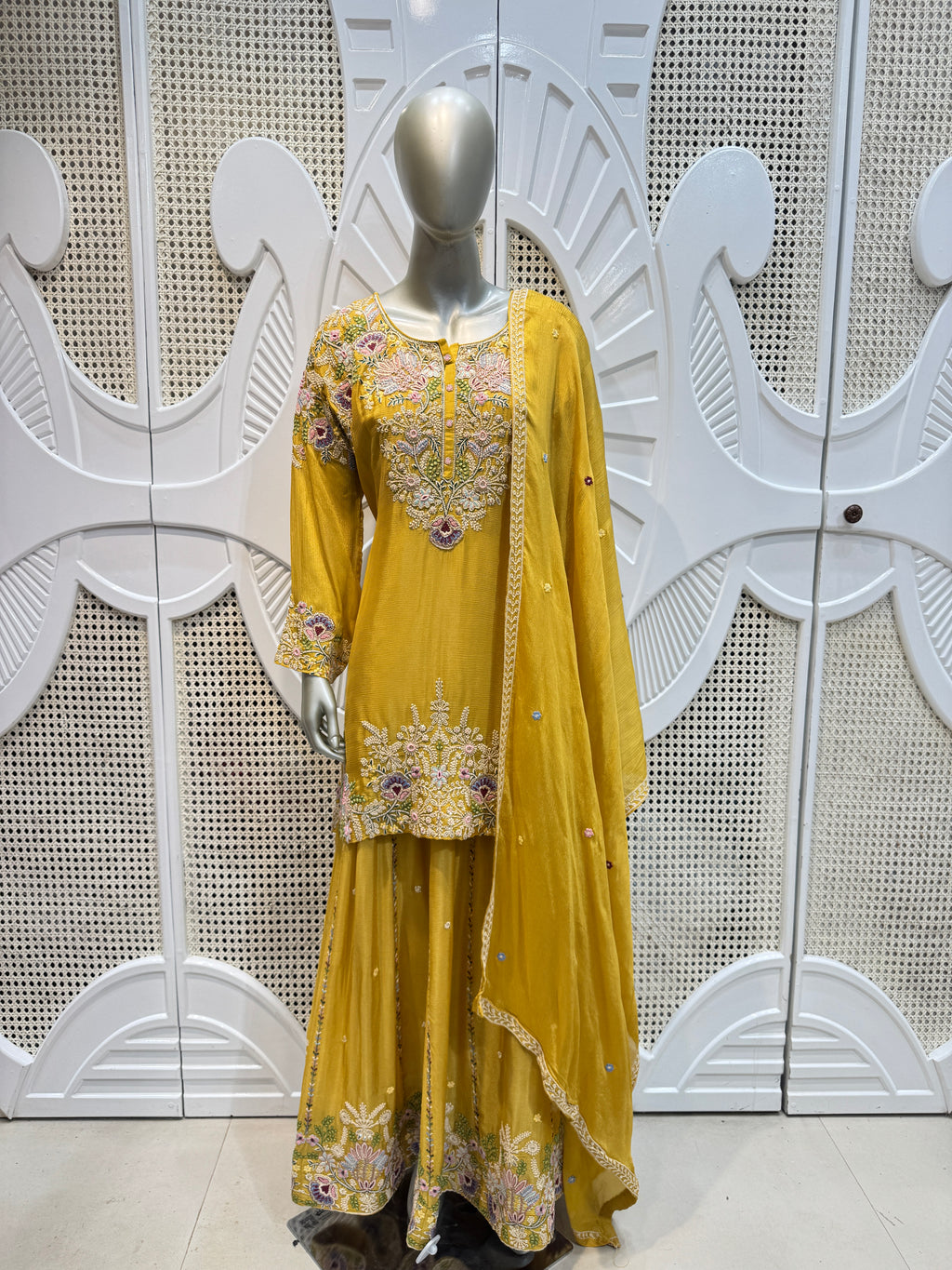 Mustard Yellow Pastel Embroidered Silk Sharara Skirt Set