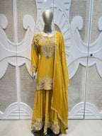 Mustard Yellow Pastel Embroidered Silk Sharara Skirt Set
