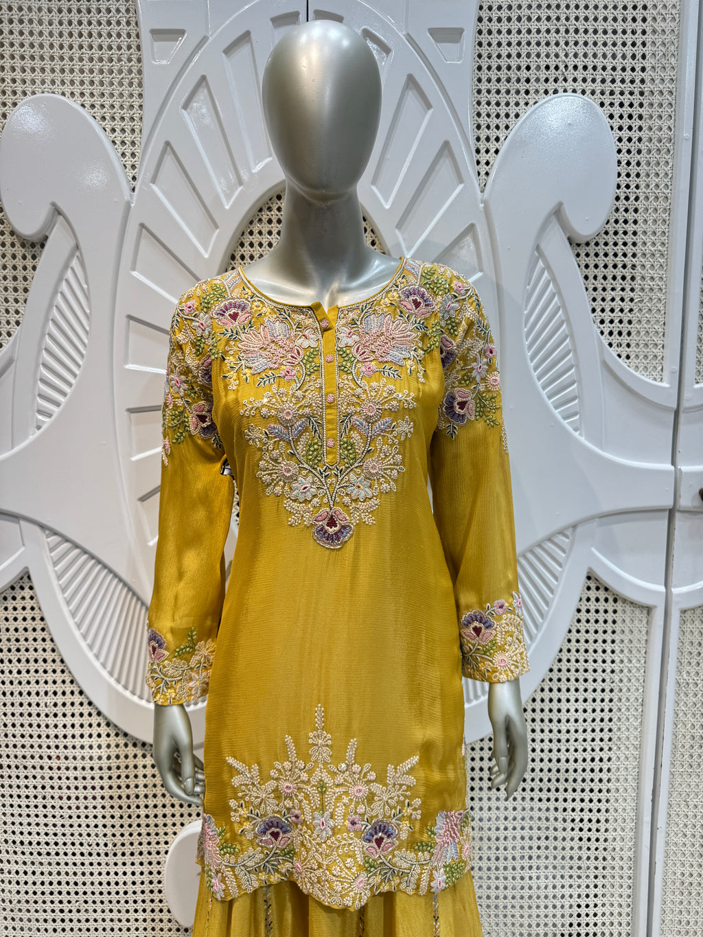 Mustard Yellow Pastel Embroidered Silk Sharara Skirt Set