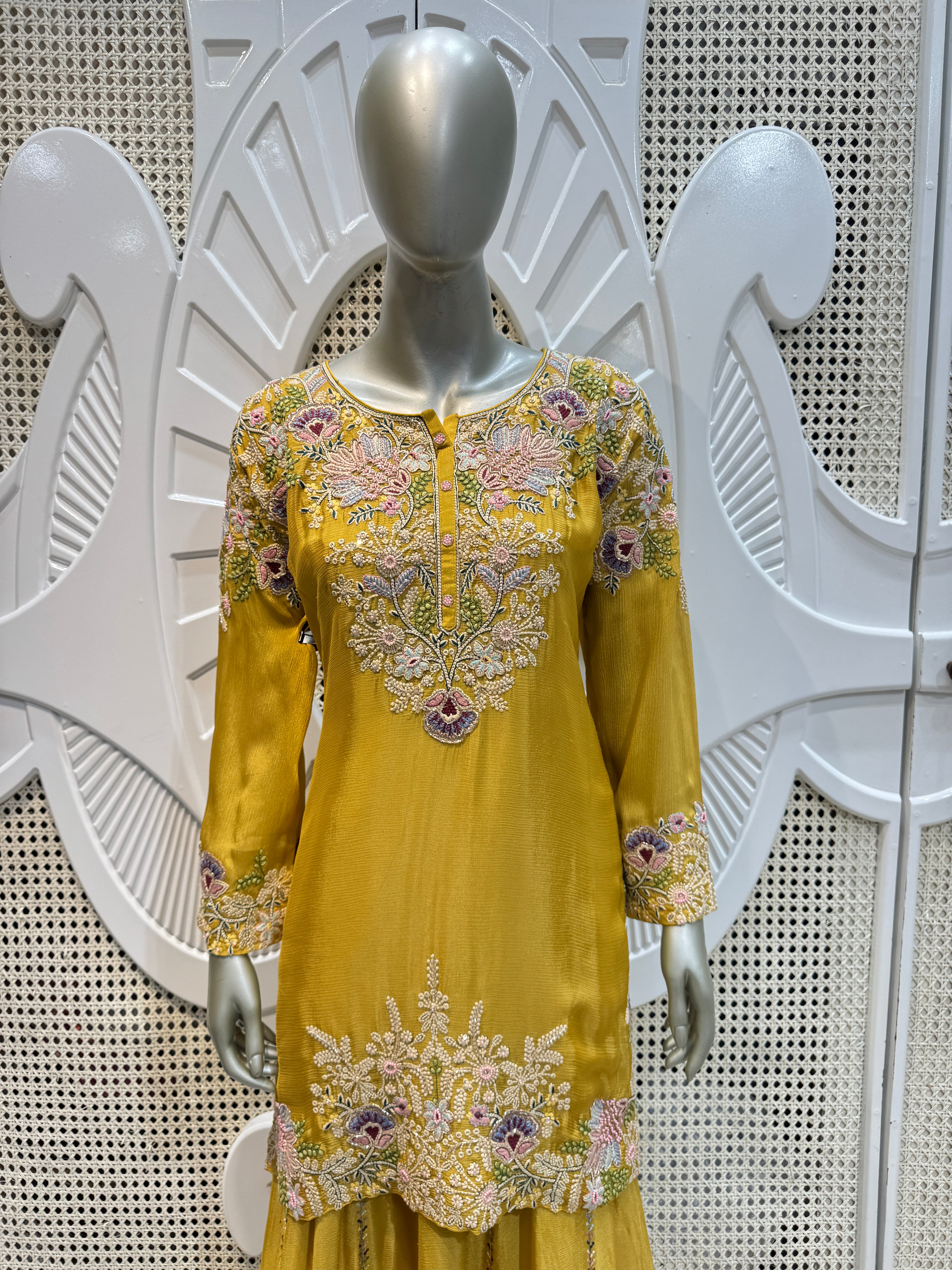 Mustard Yellow Pastel Embroidered Silk Sharara Skirt Set