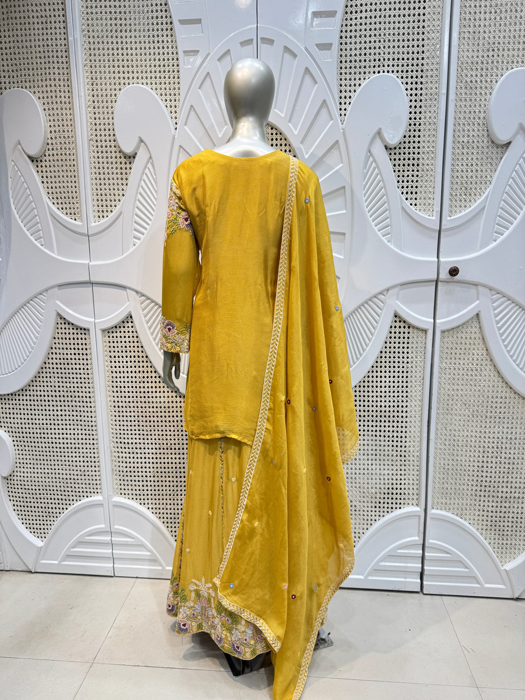 Mustard Yellow Pastel Embroidered Silk Sharara Skirt Set