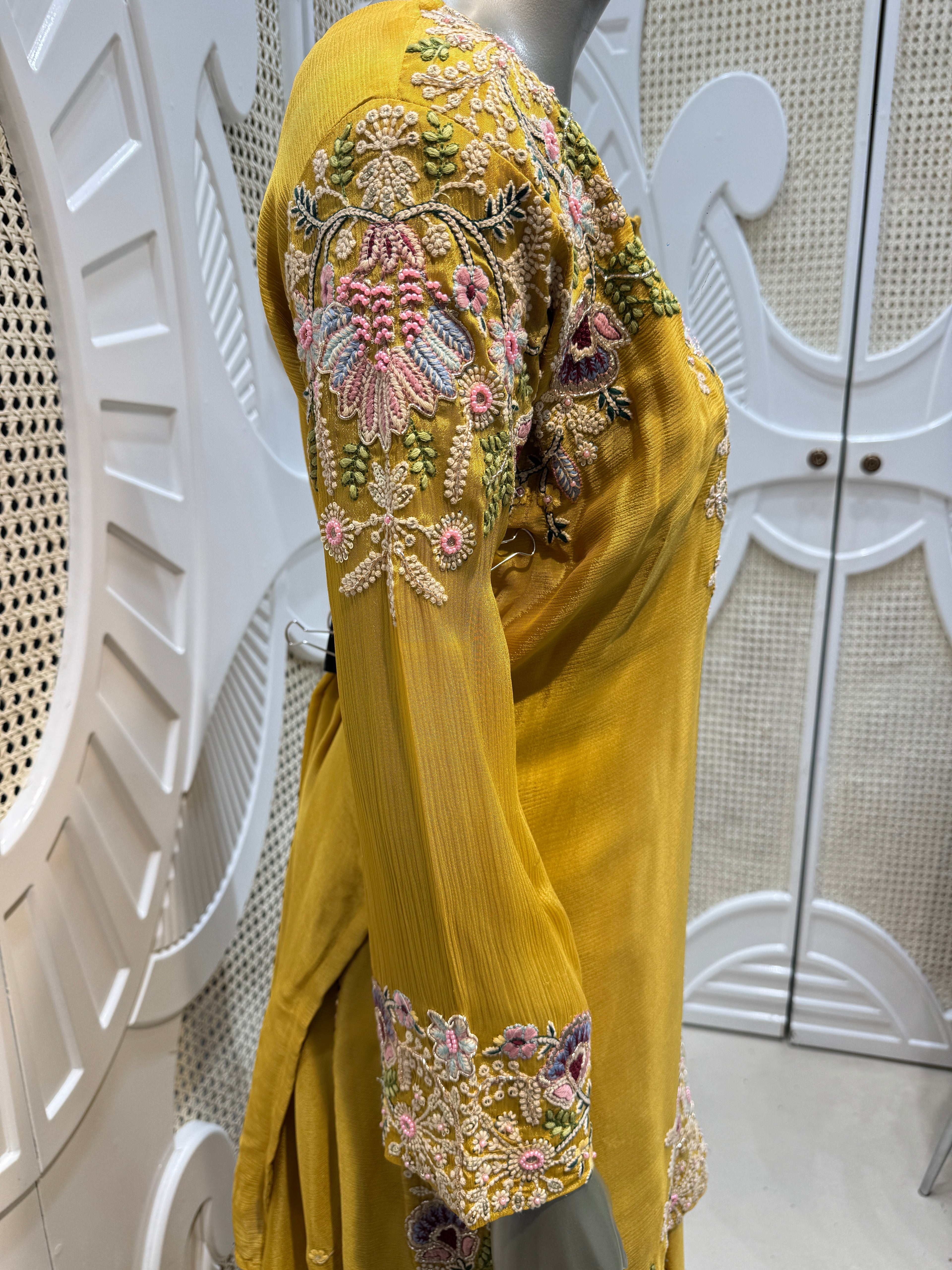 Mustard Yellow Pastel Embroidered Silk Sharara Skirt Set