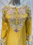 Mustard Yellow Pastel Embroidered Silk Sharara Skirt Set