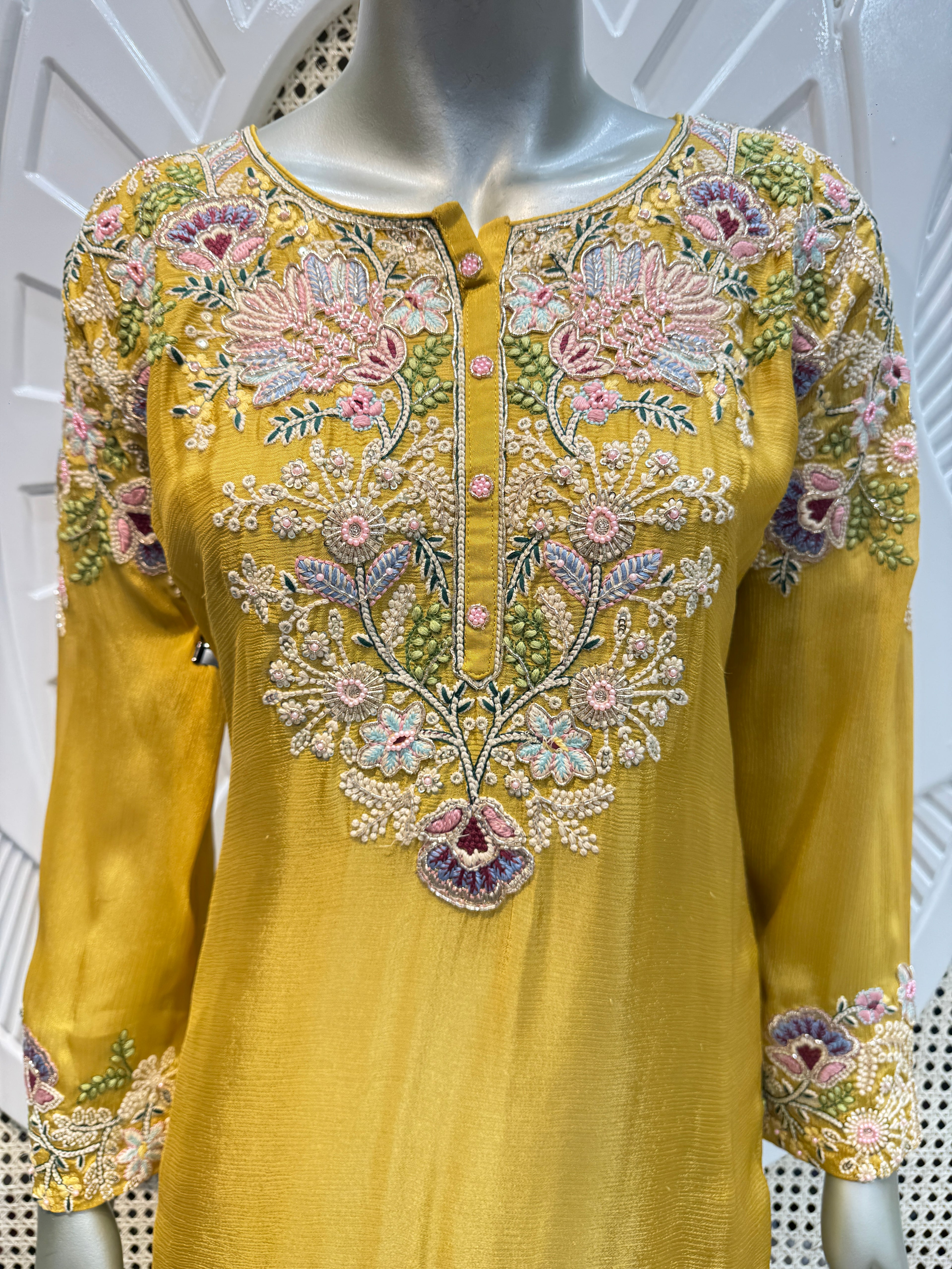 Mustard Yellow Pastel Embroidered Silk Sharara Skirt Set