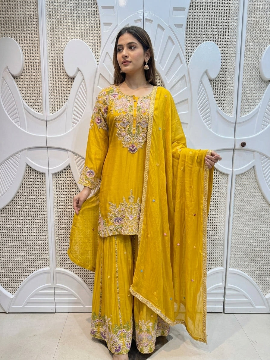 Mustard Yellow Pastel Embroidered Silk Sharara Skirt Set