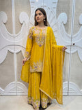 Mustard Yellow Pastel Embroidered Silk Sharara Skirt Set