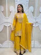 Mustard Yellow Pastel Embroidered Silk Sharara Skirt Set